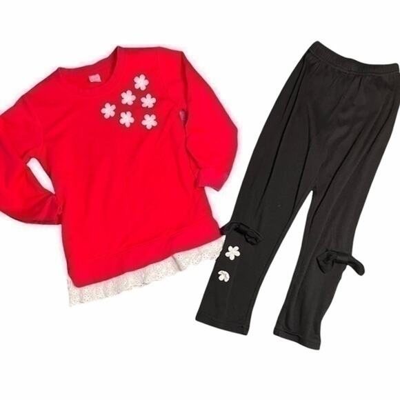 Red & Black Floral Appliqué Long Sleeve Top and pants size 5 Matching Outfit - Picture 1 of 10